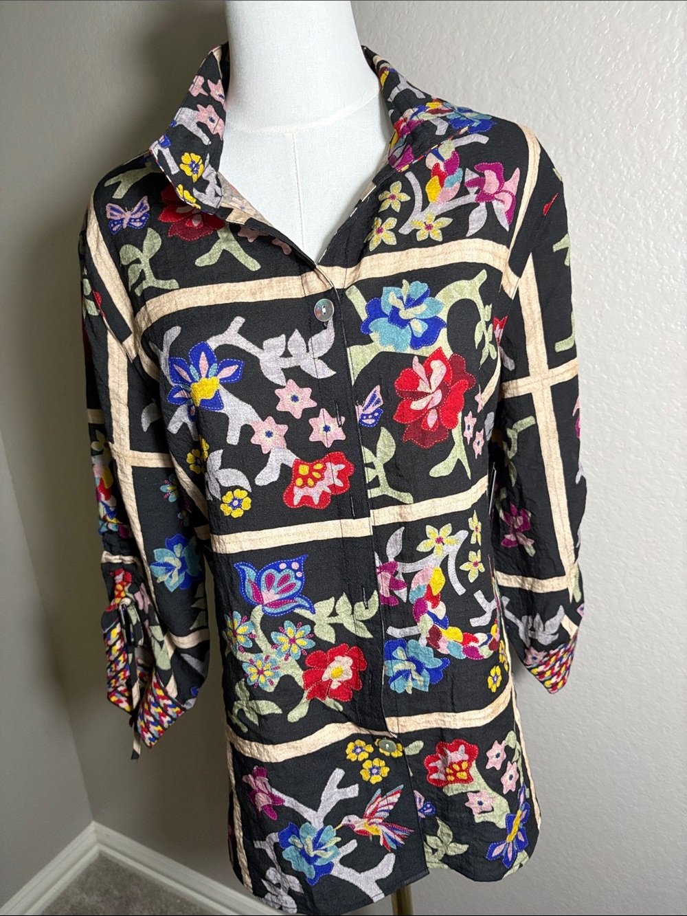 John Mark Black Floral Button-Down Shirt with Multicolor Blooms